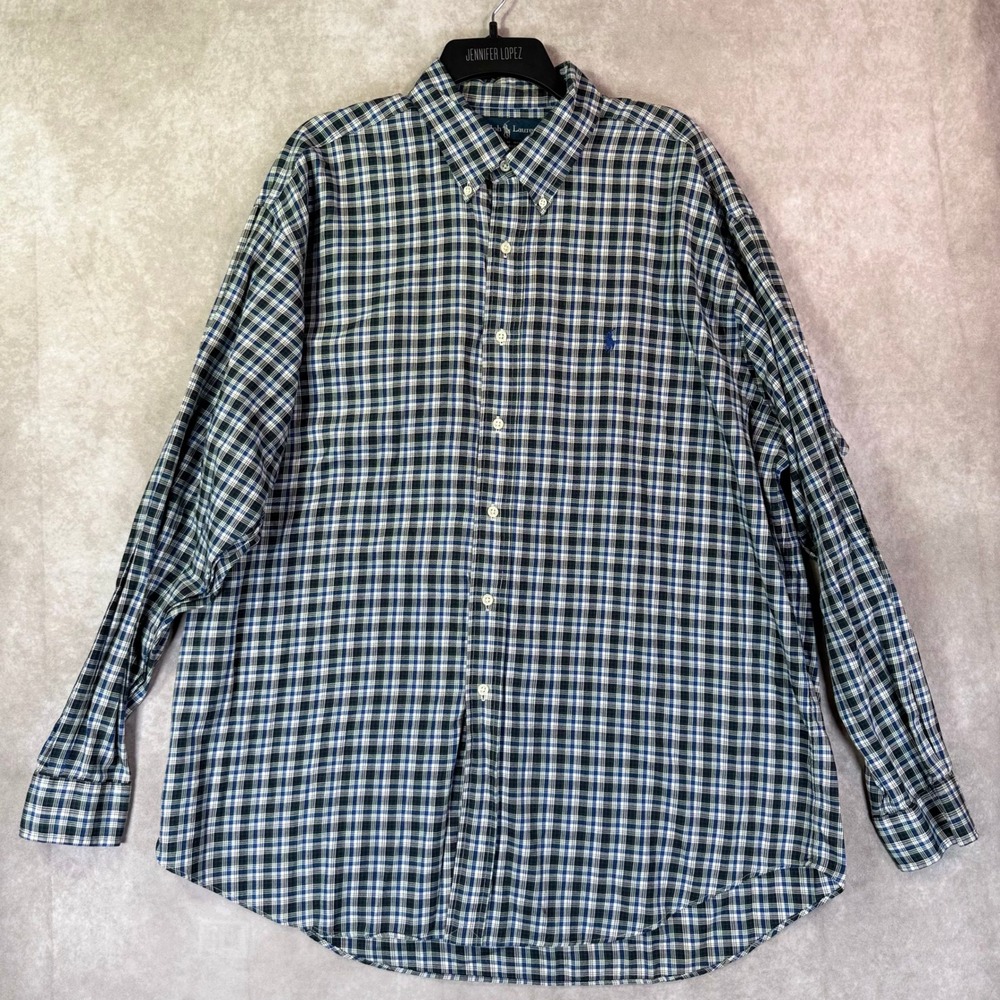 Ralph Lauren Shirt Men XL Blue Green Plaid Button Blake Cotton Long Sleeve Prep